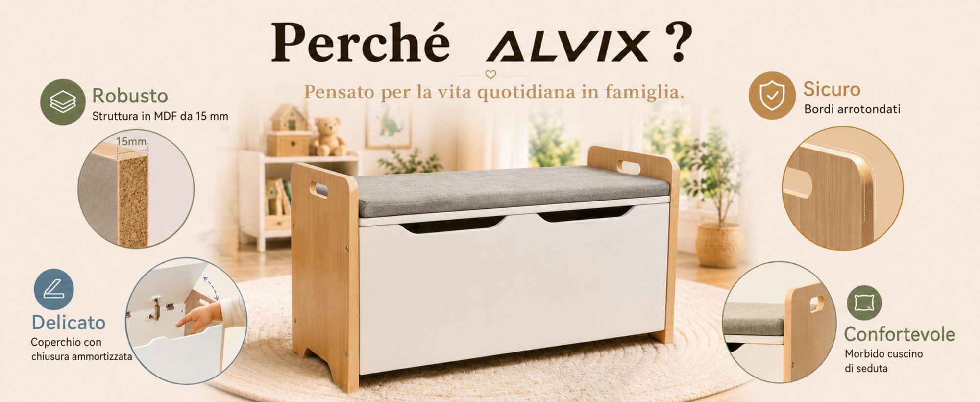 ALVIX - Cassetta portaoggetti NESTA 1, panchina per bambini con spazio contenitivo, contenitore per giocattoli con coperchio a chiusura ammortizzata, panca per la cameretta, 83x40x48 cm