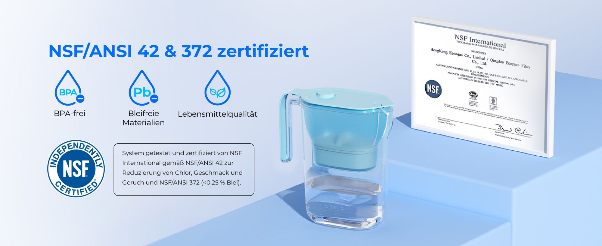 Waterdrop Wasserfilter Kanne Kühlschrank Wasserfilterkrug mit 3-Monats-Filter, 2,5 L,  NSF-, BPA-frei, Blau (Ersatzfilter: WD-PF-01A Plus)