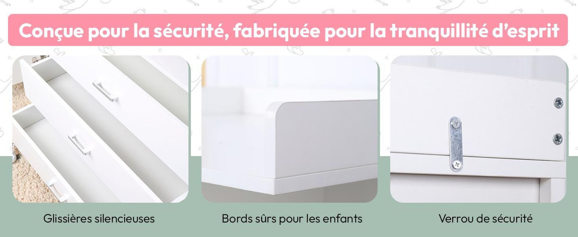 Commode à Langer pour bébé en Bois avec Plan à Langer, 3 tiroirs, 1 Porte, Hauteur 100 cm, Coloris Blanc, Dimensions 113x100 cm