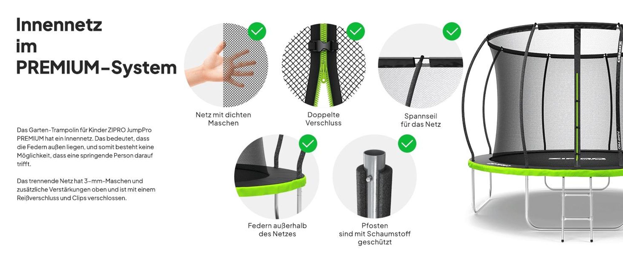 ZIPRO Trampolin Jump Pro Premium | 16FT Ø 496 cm | Gartentrampolin Kindertrampolin Komplett-Set inkl. Netz, Leiter & Randabdeckung, Outdoor, Grün