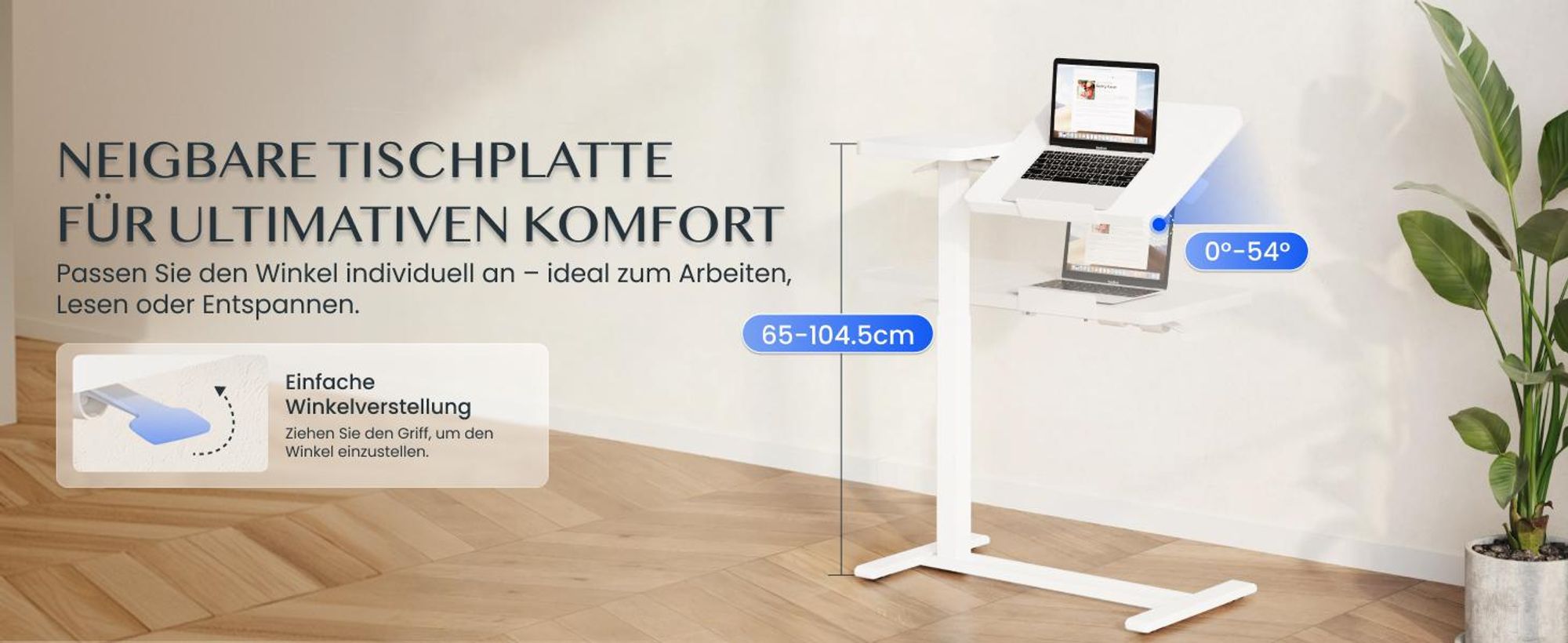 FLEXISPOT Beistelltisch Höhenverstellbar 80x40cm Laptoptisch mit Neigbarer Desktop, Betttisch mit Rollen, für Wohnzimmer und Schlafzimmer, Weiß