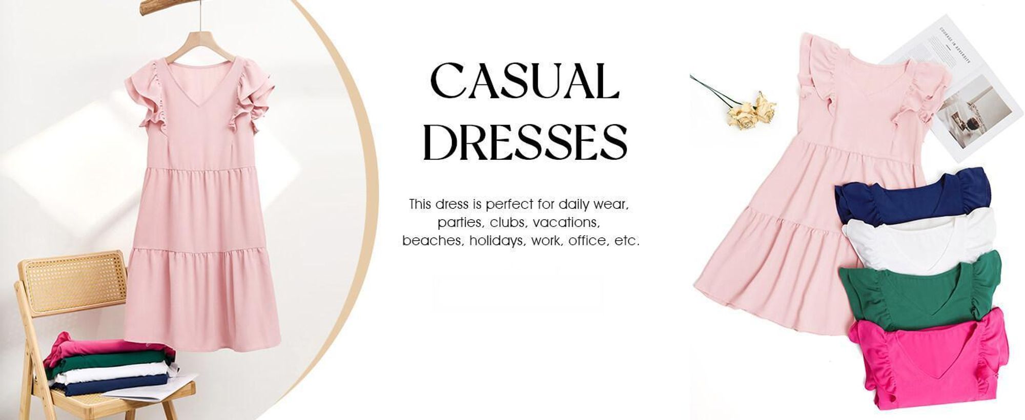 Damenkleid, Babydoll-Kleid, kurzärmelig mit Rüschen, V-Ausschnitt