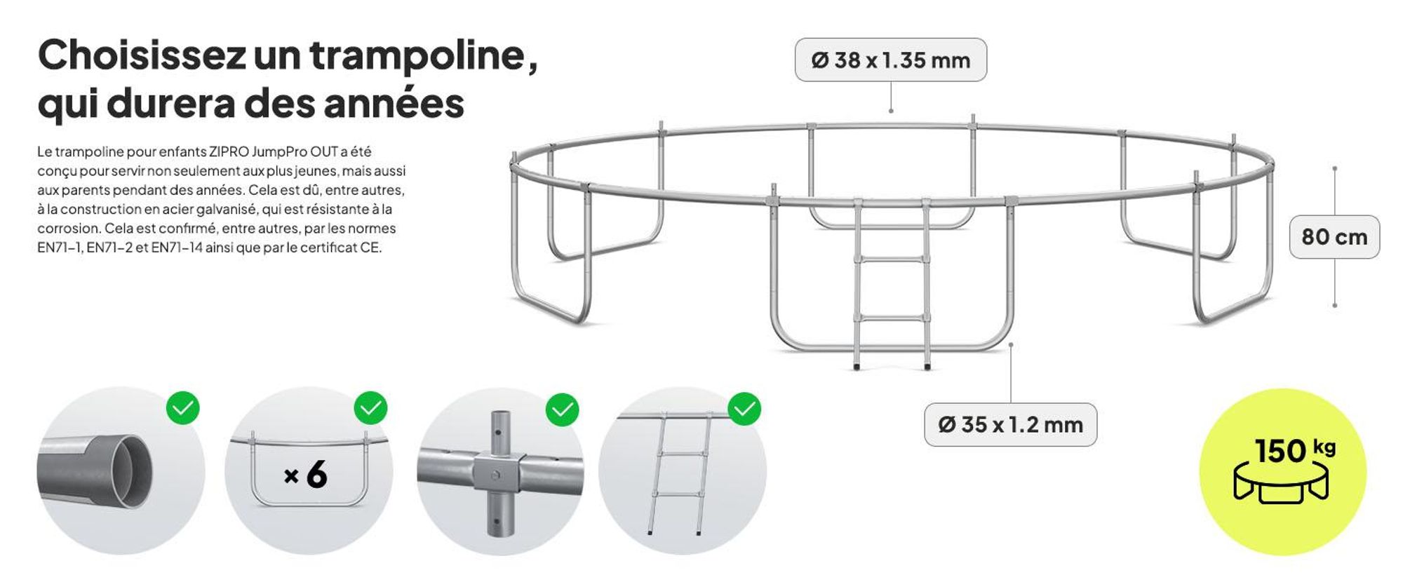 Trampoline ZIPRO Jump Pro Out | 14FT Ø 435 cm | Trampoline de jardin Trampoline pour enfants Kit complet avec filet extérieur, échelle et housse de protection, pour l'extérieur, vert