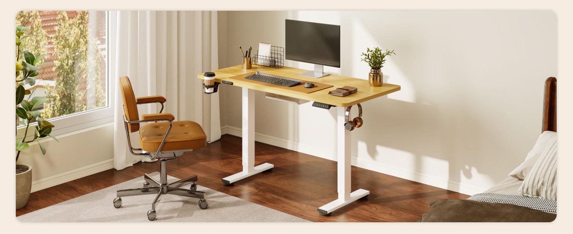 SANODESK QS1 Höhenverstellbarer Schreibtisch 160x60cm elektrisch 4 Memory-Funktion Antikollisionsschutz 70 kg Tragkraft, Haken, Kabelmanagement(Ahorn)