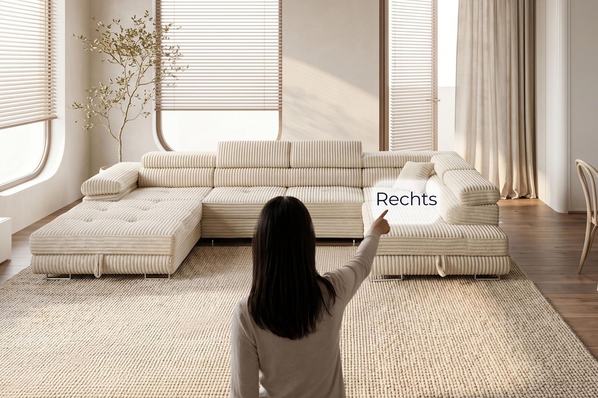Wohnlandschaft Cordo U-Form Ottomane Rechts – Breitcord Creme im modernen Wohnzimmer