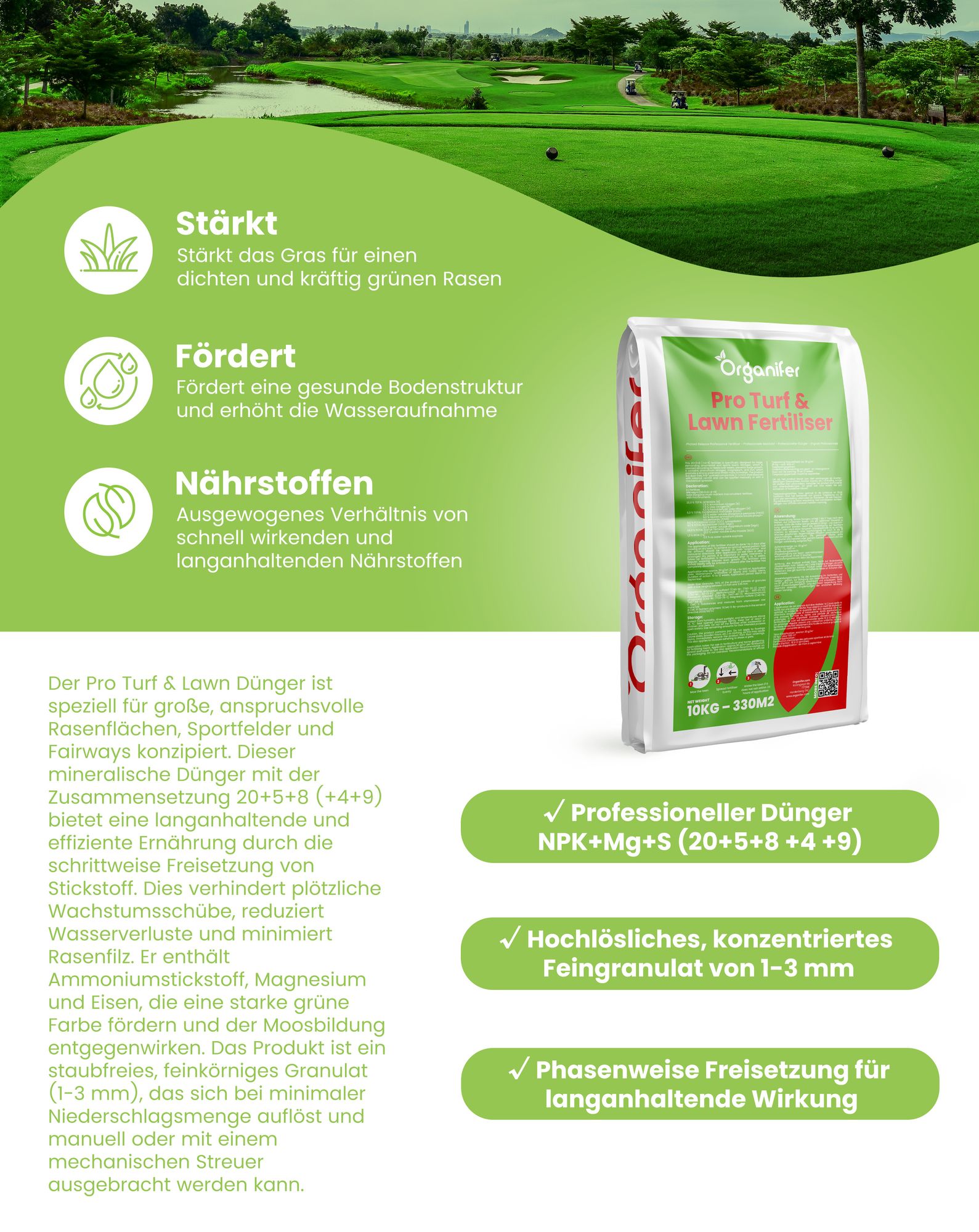 Pro Turf & Rasen Dünger – Phasenweise Freisetzung (20x = 400 kg – für 13.300 m2) - Organifer