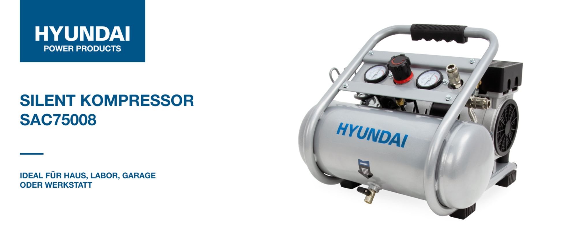 HYUNDAI Silent Kompressor SAC75008 (9 bar, 8L, tragbar, ÖLFREI, 49 dB, 750 W / 1 PS)