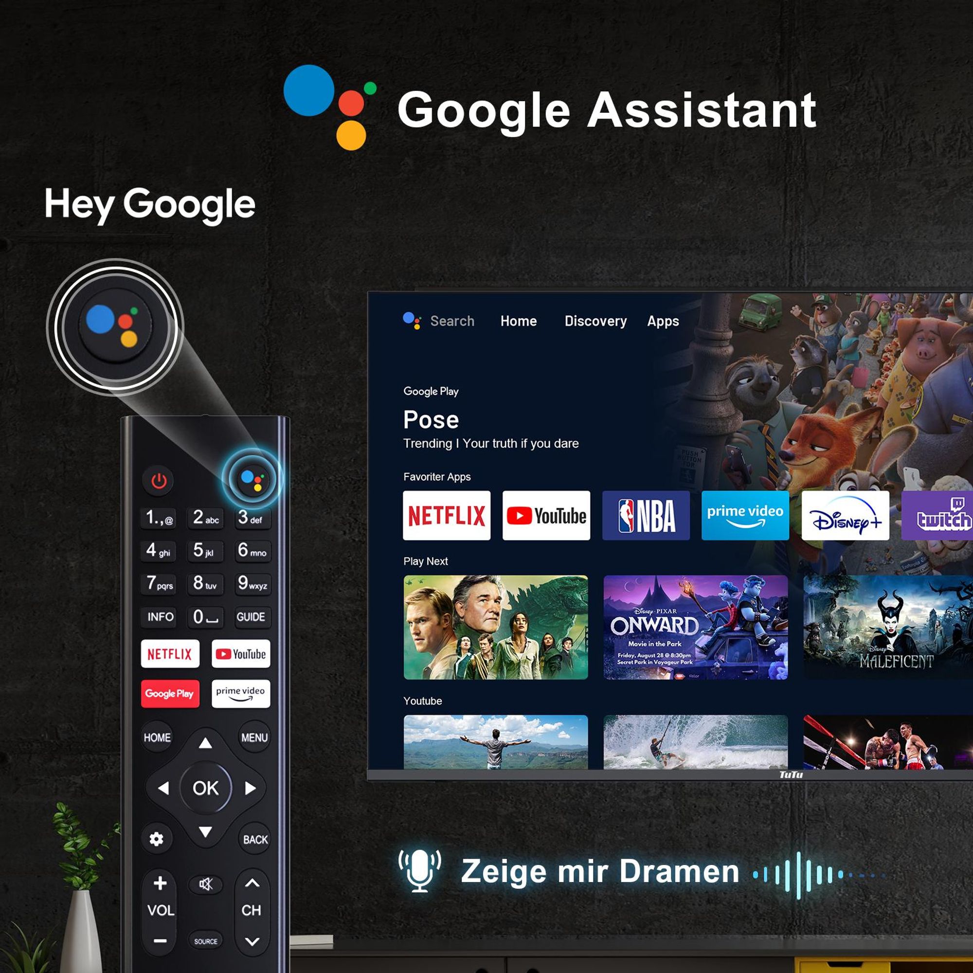 TuTu Android Smart TV - LED Full HD - 42 Zoll/108 cm - Randlos Design - Tripple Tuner DVB-T/T2/S/S2/C - HDMI x2, USB x2, CI+ - Sprachsteuerung & Streaming apps - Montiert in Eindhoven, Niederlande - TUS42FD1A