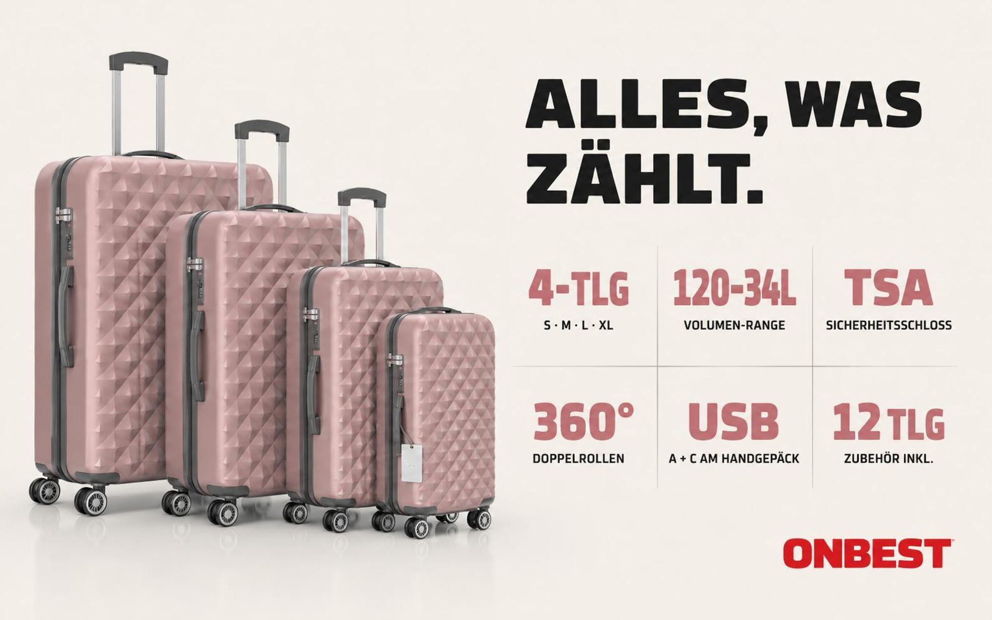 ONBEST Hartschalen Koffer Set | 4-teilig | Rose Gold | mit TSA-Schloss | USB-Anschluss | viel Zubehör | 360° Doppelrollen