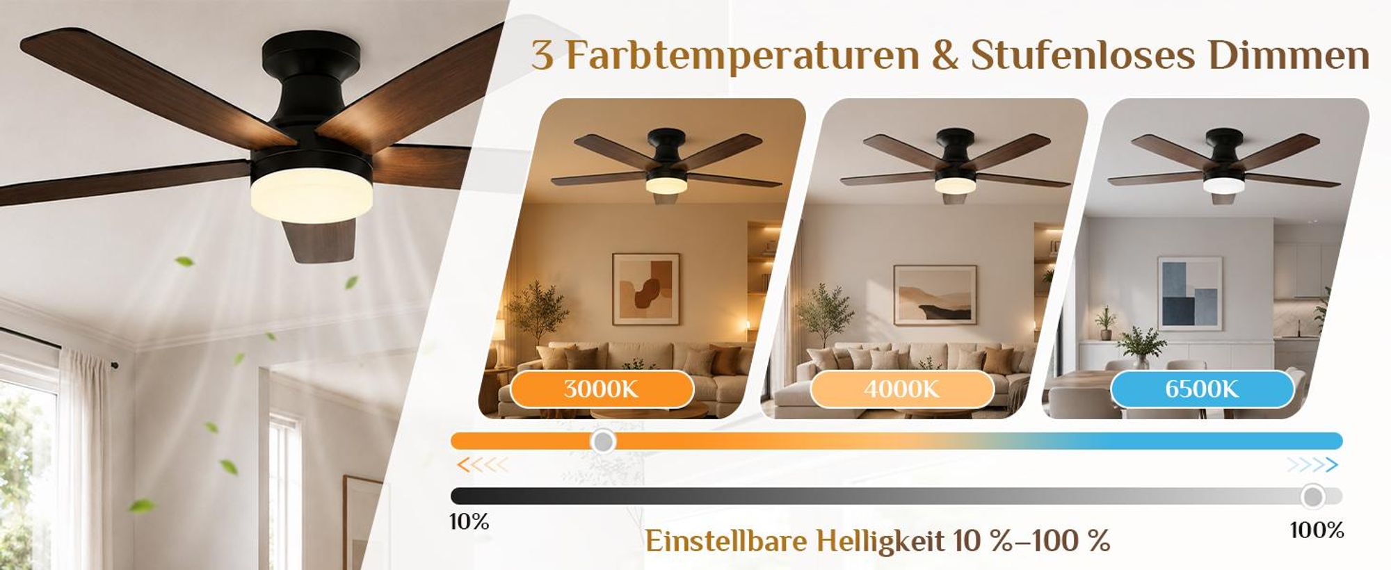 106cm Deckenventilator mit Beleuchtung und Fernbedienung, DC Motor, 3 Farbtemperatur Dimmbar, 6 Stufen, APP-Steuerung, Doppelseitige Flügeln