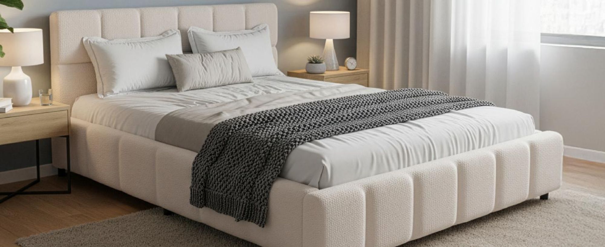 Juskys Polsterbett Florenz 140 x 200 cm, Bouclé, Bubble Design & modern – Creme