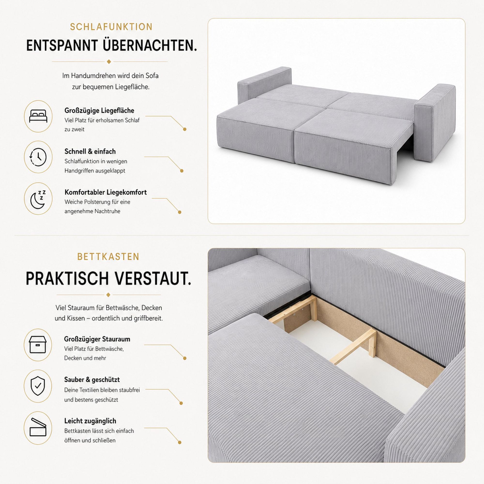 VENASI Schlafsofa mit Schlaffunktion Hugo, Beige Cordstoff