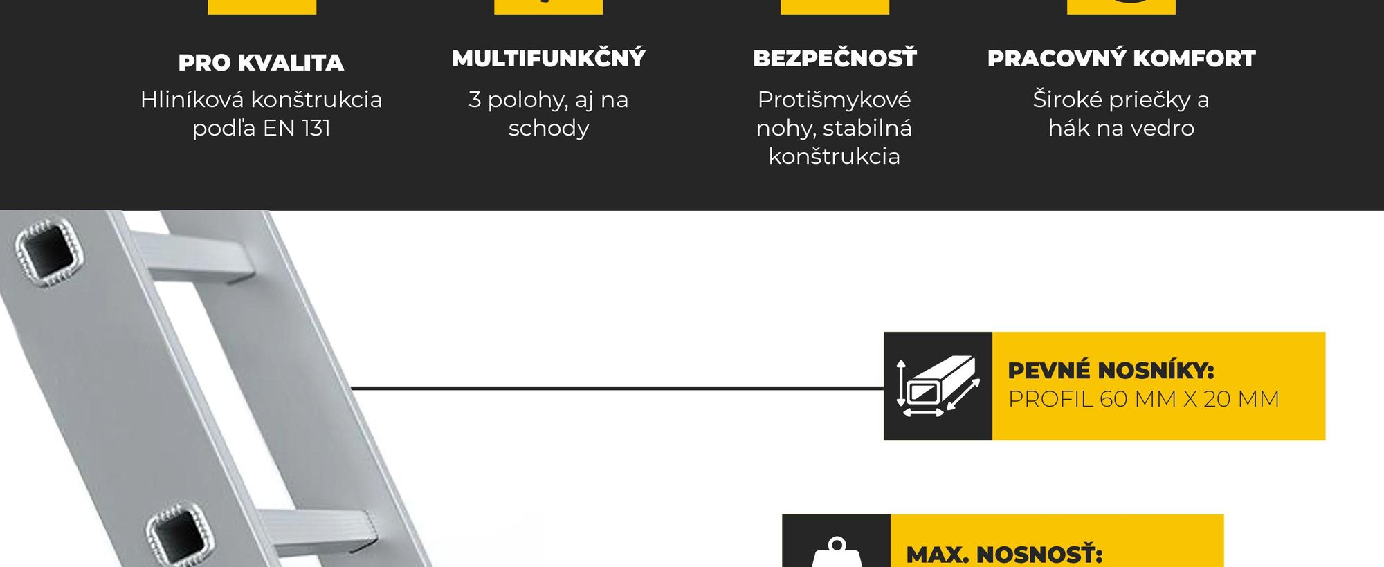DRABEST | Žebřík, řada PRO, hliníkový víceúčelový žebřík, 3dílný průmyslový žebřík, 3 x 6 schodů, nosnost do 150 kg, pracovní výška 4,43 m, vč. háku n