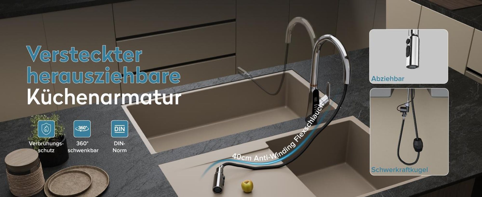 doporro Wasserhahn Küche Hochdruck mit Digitalanzeige, Ausziehbare Vollmessing-Körper Spültischarmatur, Einhebel-Mischbatterie Küche Schwarz MS-8085