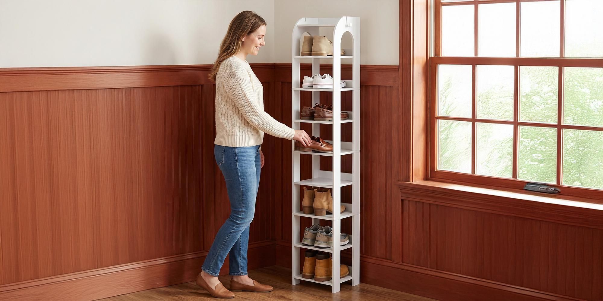 Vertikales Schuhregal, 9 Ebenen, mit Haken, 25B cm, Weiß | Holz-Schuh-Organizer für Schrank, Eingang, Schuhturm für Kleine Räume, Freistehend