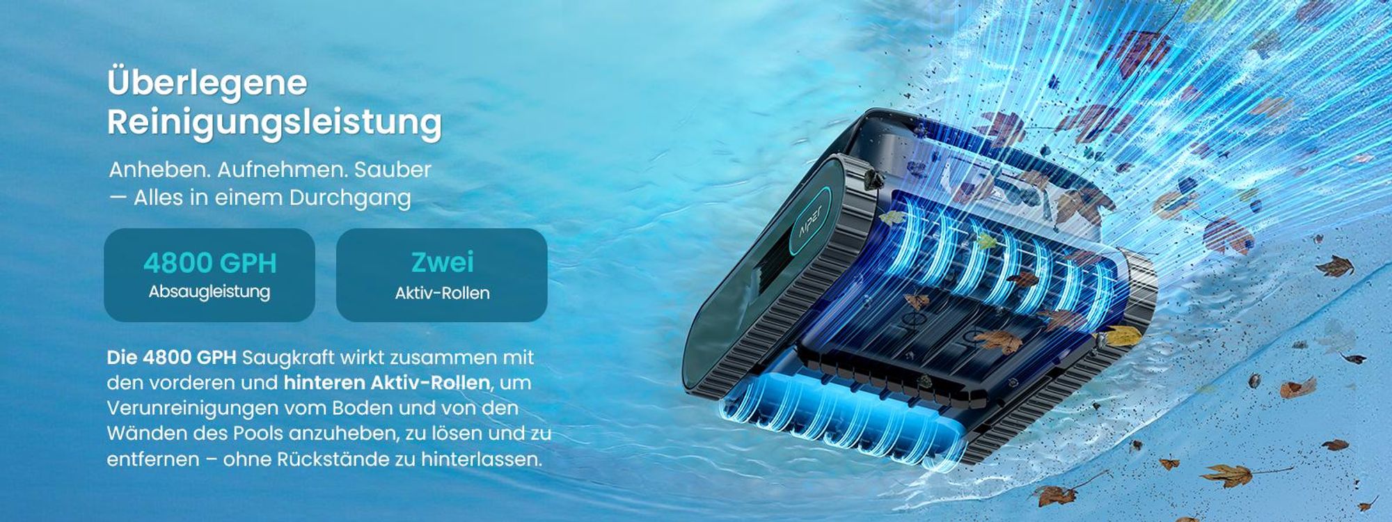 AIPER Scuba S3 Poolroboter Wand und Boden, Wasserlinien-Parkfunktion, Intelligente Sensor-Navigation