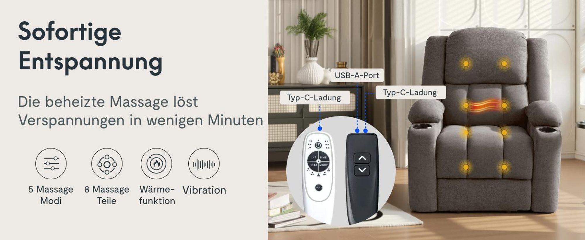 FLEXISPOT XL6 Elektrischer Massagesessel mit Aufstehhilfe, Heizfunktion, USB-Anschluss & Decke, 105°-165° verstellbar, belastbar bis 200 kg (Hellgrau)