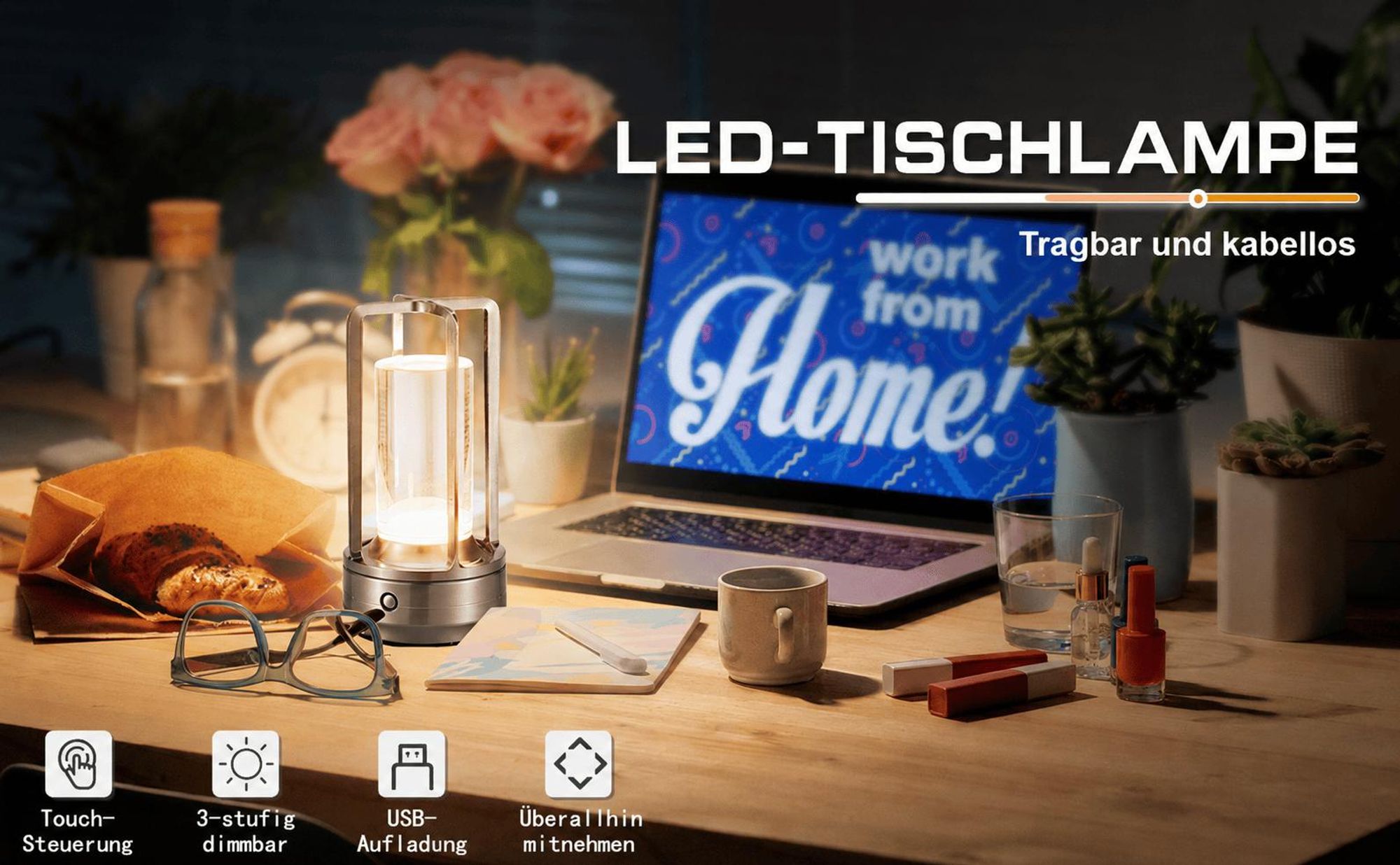 Tragbare Metall-Tischlampe für Innen/Außen, Wiederaufladbare Kabellose LED-Lampe, 3-Farben Stufenlos Dimmbar, Restaurant/Schlafzimmer/Bar/Campinglicht