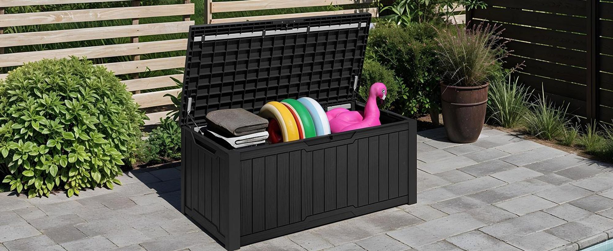 Gartenbox Außenspeicherbox, 450 L Aufbewahrungsbox mit Gasdruckfeder Deckel, Kissenbox Sitzbank Wetterfest, Schwarz