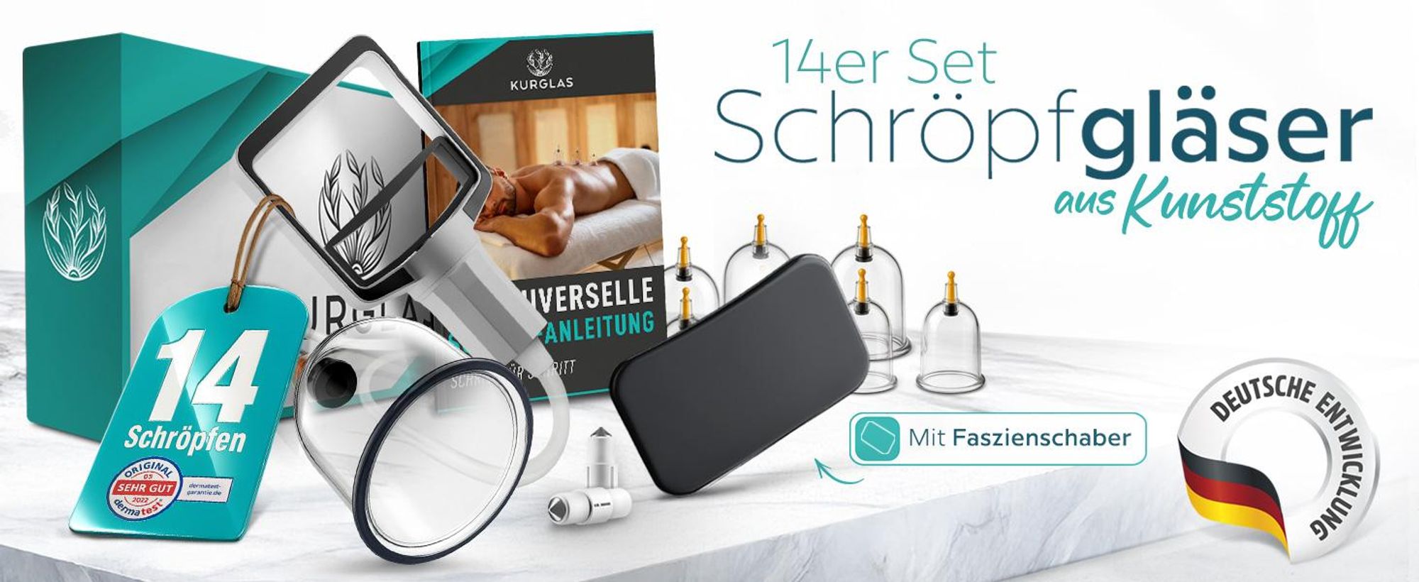 Kurglas Schröpfset mit e-Book mit Vakuumpumpe [14 Stück] – Medizinische Schröpfen mit Therapiemagneten & Faszienschaber – Schröpfgläser Kunststoff