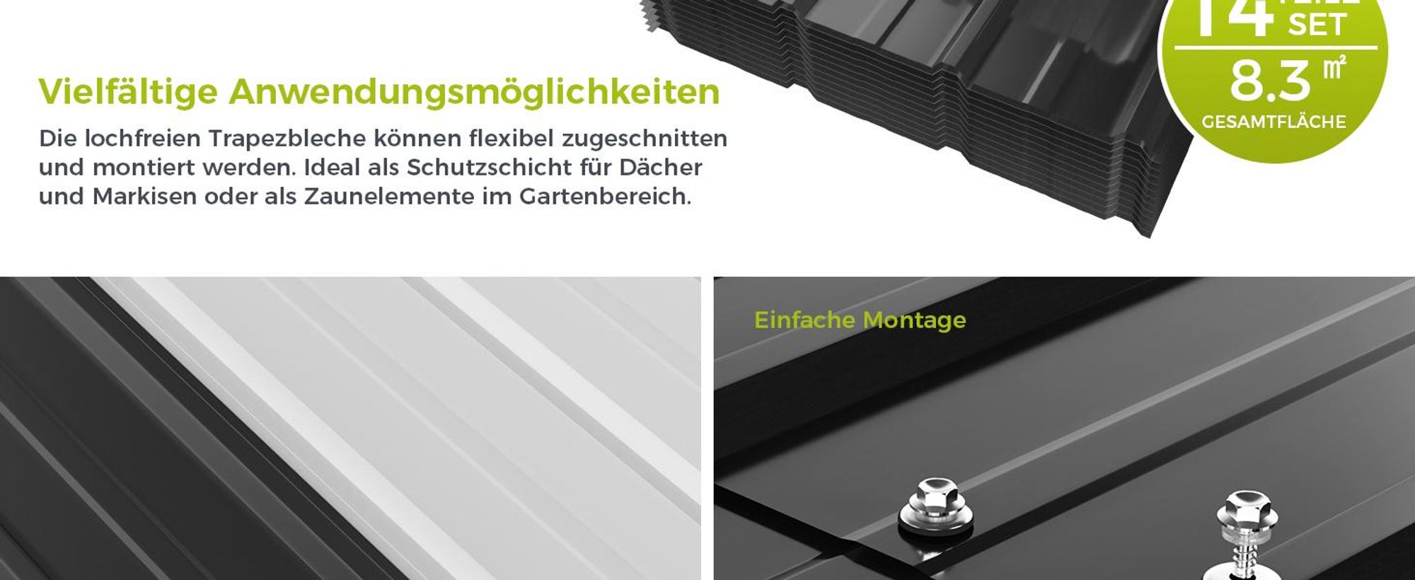 Mondeer Wellplatte Dachplatten 14-tlg Trapezblech-Set, 8,3 m² Abdeckfläche inkl. 100 Schrauben & Montagehandschuh, Feuerverzinkt 105 x 57cm Schwarz