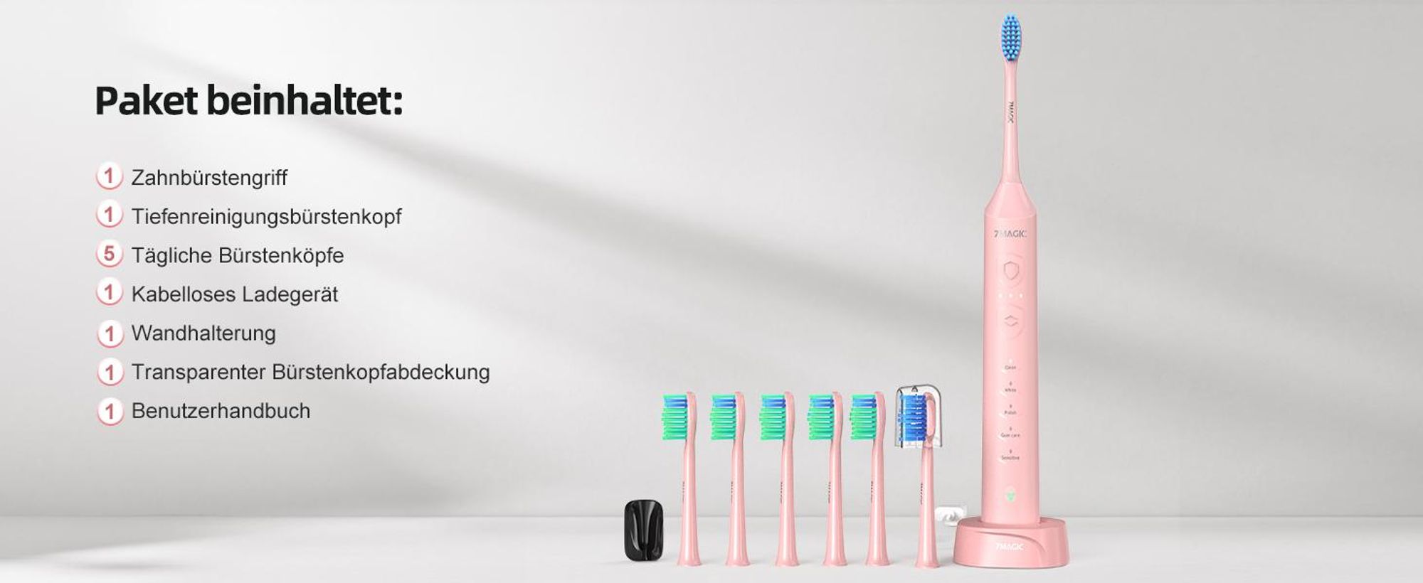 7Magic Elektrische Schallzahnbürste, Deep Clean Modi, 6 Bürstenköpfe, schnelle Aufladung für 60 Tage&40000 VPM, 5 Modi, Erwachsene und Kinder, Rosa