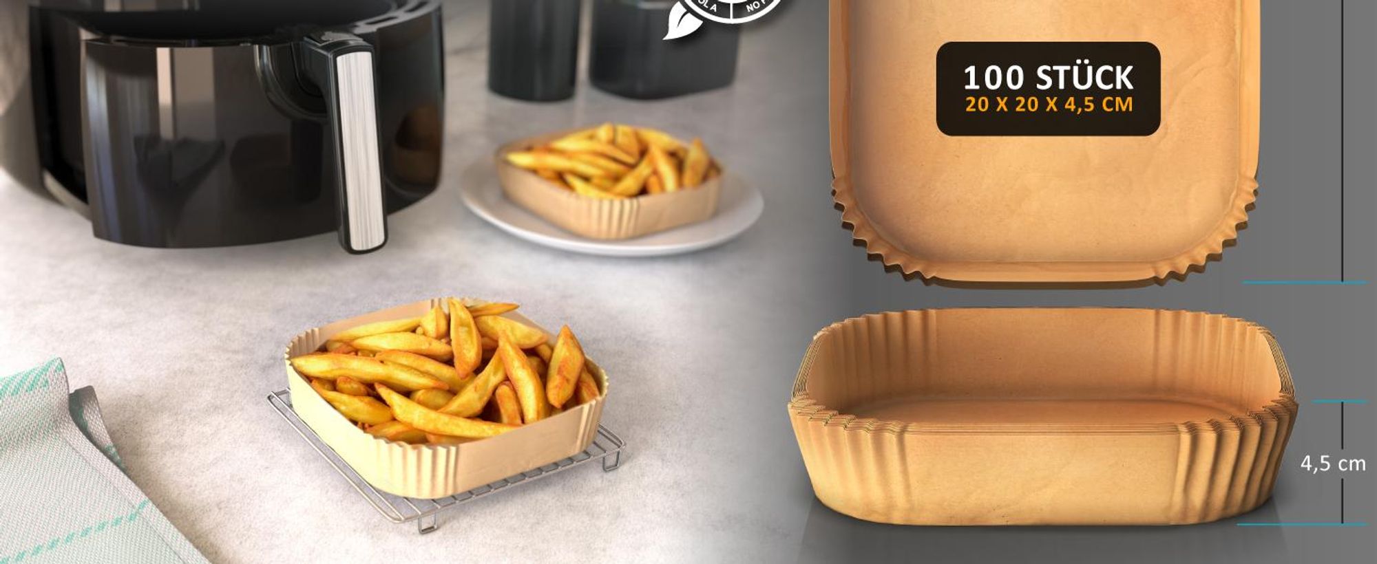 Arendo Backpapier für Heißluftfritteuse, quadratisch, 4,7 - 7,5 L, 20 x 20 x 4,5 cm, antihaft, ungebleicht, für Ninja Airfryer AF300EU & AF400EU, 100 Stück