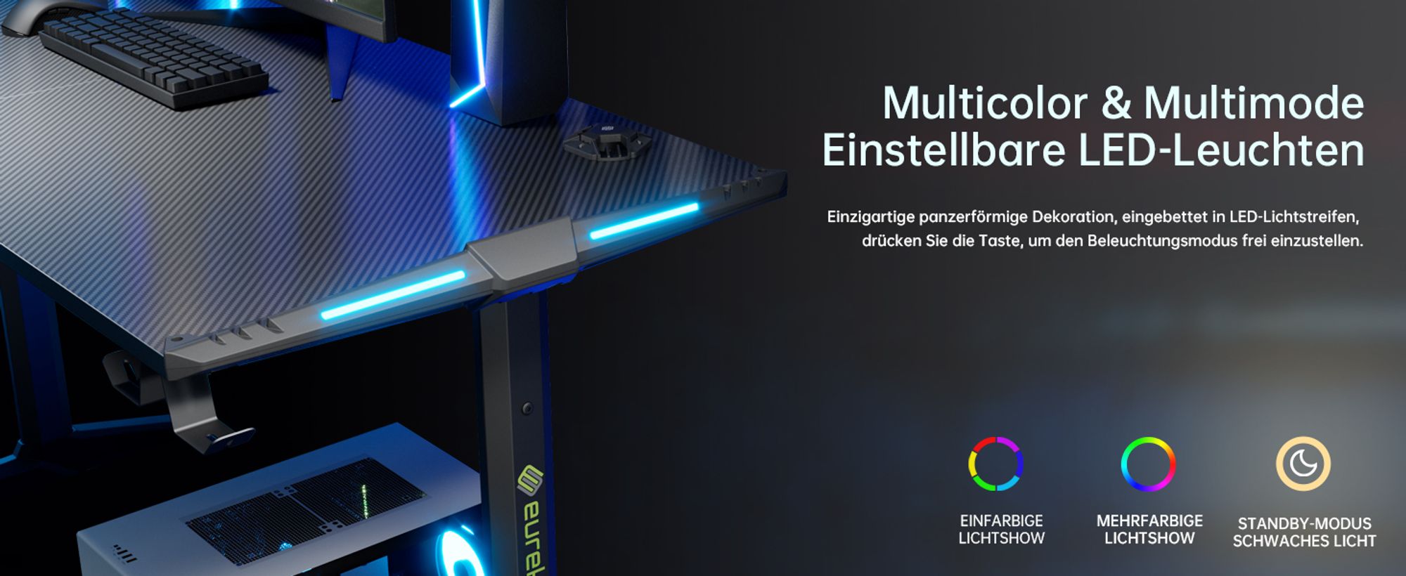 EUREKA ERGONOMIC Gaming Tisch mit LED Computertisch 140×60cm Schreibtisch Gamingtisch mit Getränkehalter und Kopfhörerhalter