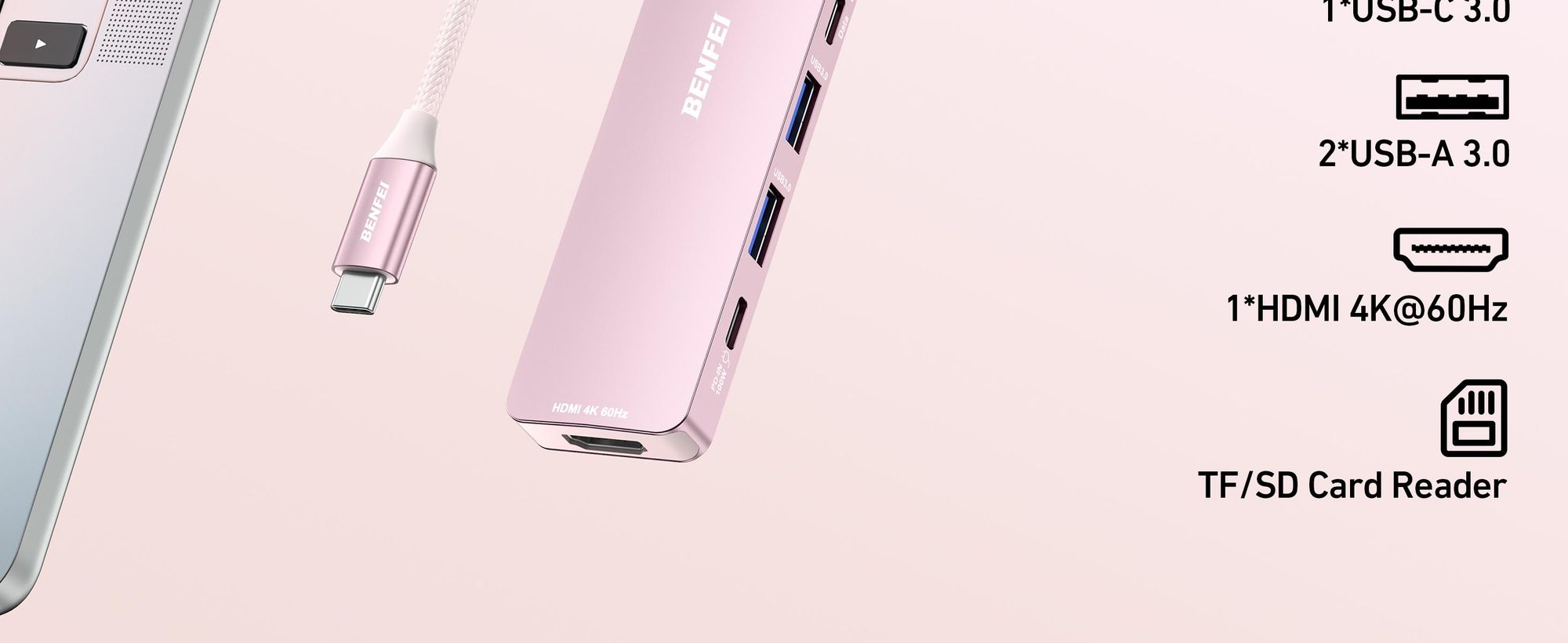 BENFEI Hubs USB C Hub 7in1 Pink mit HDMI 4K 60Hz 100W PD