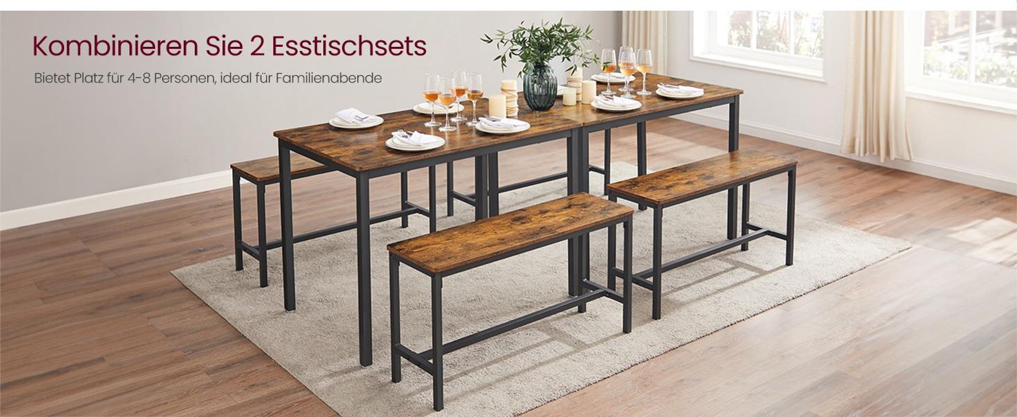 VASAGLE Esstisch, Küchentisch-Set mit 2 Bänken, 3er-Set, 110 x 70 x 75 cm, Vintagebraun-Schwarz