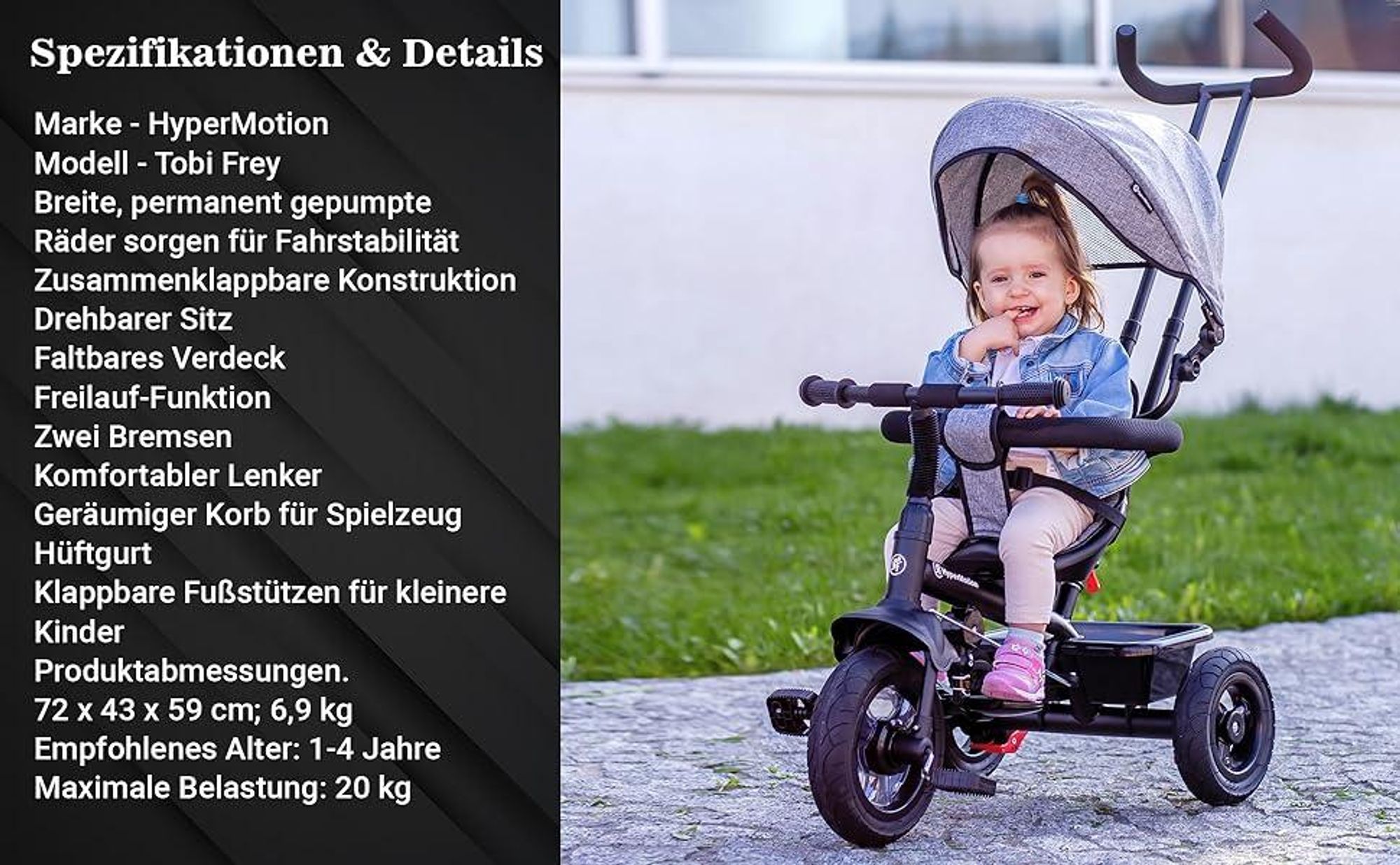 3-in-1 Dreirad mit Schiebestange und Vollgummirädern für Kinder 1-4 Jahre