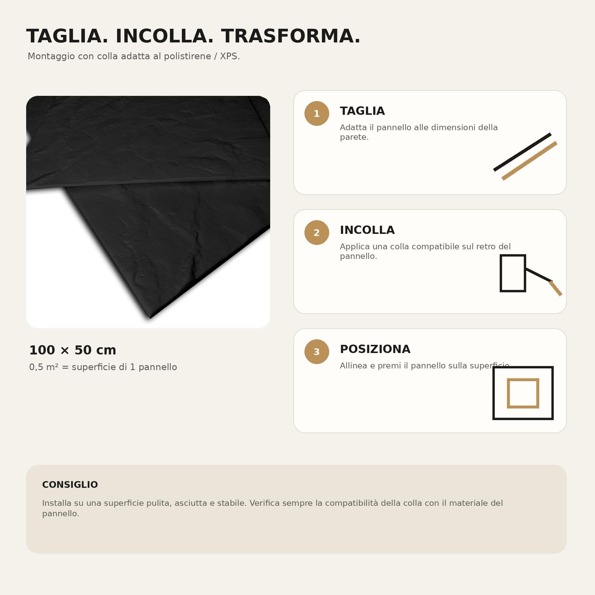 taglia Pannelli murali 3D in polistirene nero