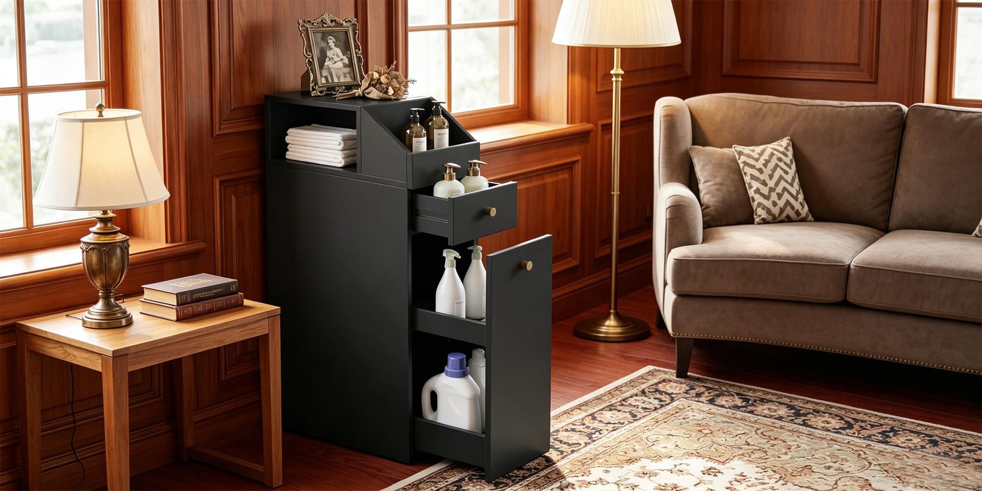 Badezimmer-Nischenschrank schmal, 40x20x80 cm, Schwarz, Schubladen auf Rollen, Toilettenschrank, platzsparend
