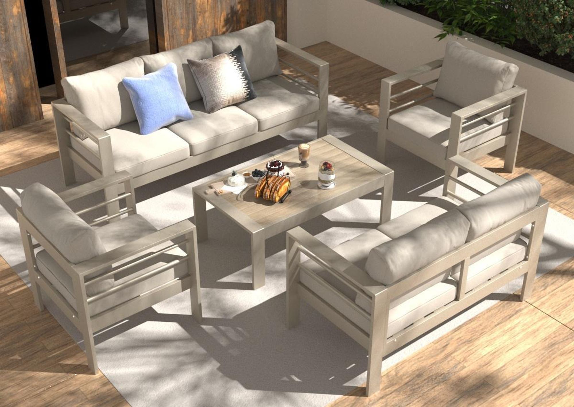 MeXo Gartenmöbelset, Loungeset Aluminium für 6-7 Personen mit Kissen & Couchtisch Indoor Outdoor Balkon Garten Terrasse (Sitzgruppe, Aluminiumrahmen)