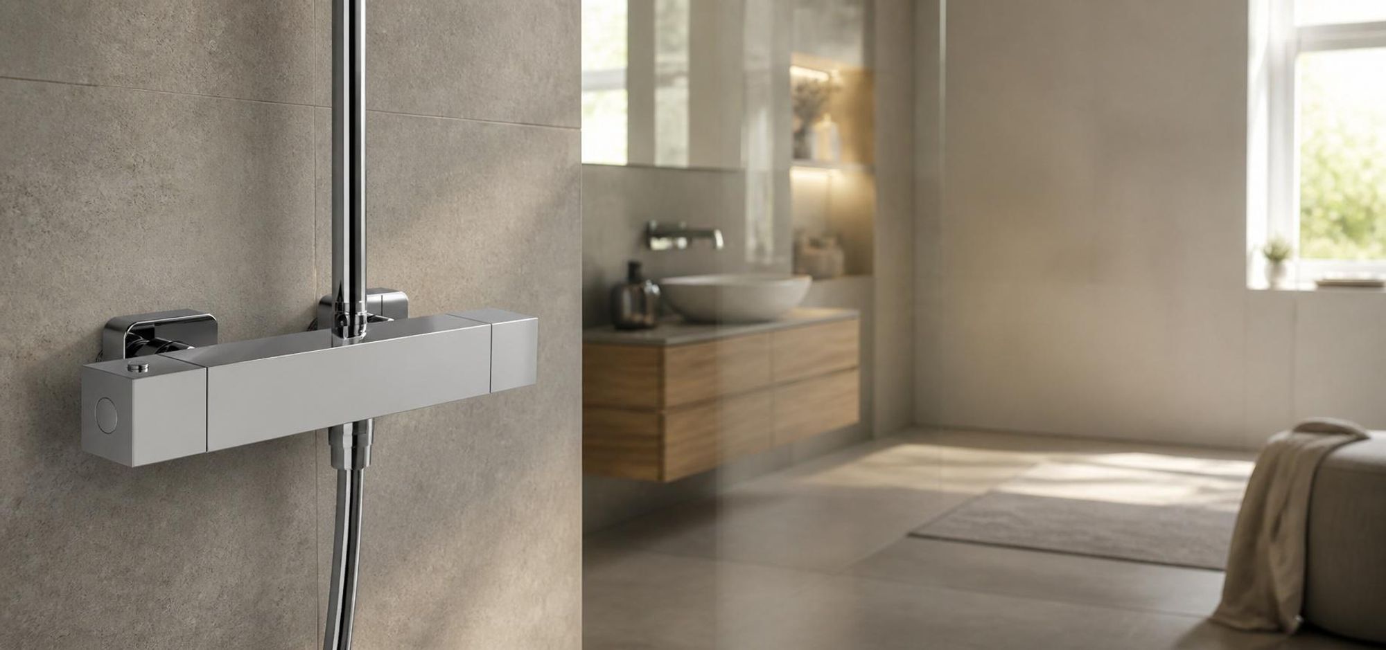 Auralum Duscharmatur Thermostat, eckige Mischbatterie Dusche Chrom, Aufputz Duschthermostat mit 38 °C Sicherheitssperre fürs Bad