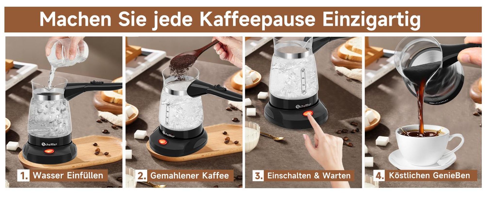 SCHEFFLER Türkische Kaffeemaschine Elektrischer 500ml Glas Kaffeekocher Mokka Kaffeekanne Espressokocher Mit Überhitzungsschutz 304 Edelstahl