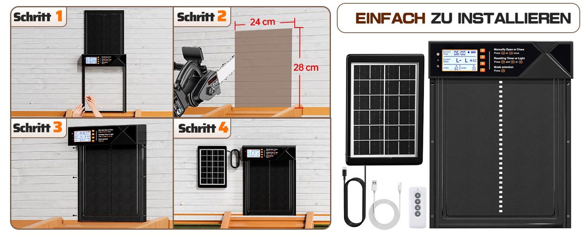 Automatische Hühnerklappe, Große Automatische Hühnertür Solar, Wasserdicht, mit LED Display, Timer, Lichtsensor, Fernbedienung, Einklemmschutz