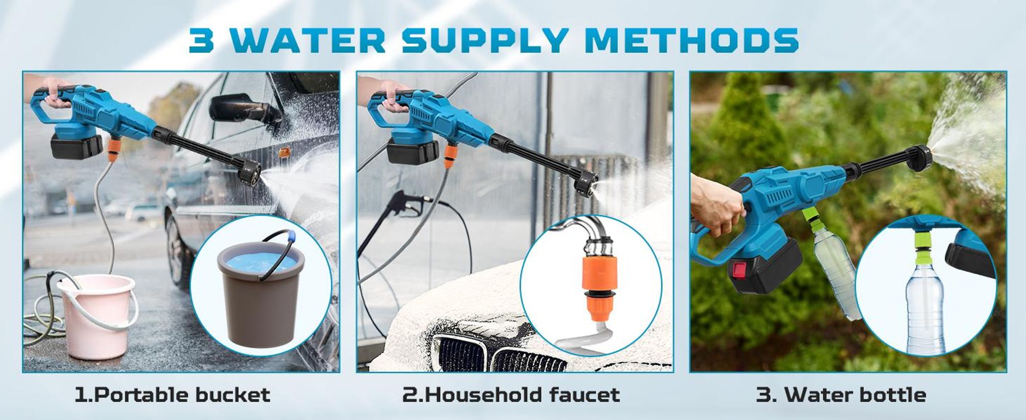 6-in-1 Akku Hochdruckreiniger,120 Bar mobile Hochdruck-Wasserpistole, 3 Verstellstufen, Bürstenloser Motor,  mit 2×3000 mAh Akkus, KFZ-Reiniger, Blau