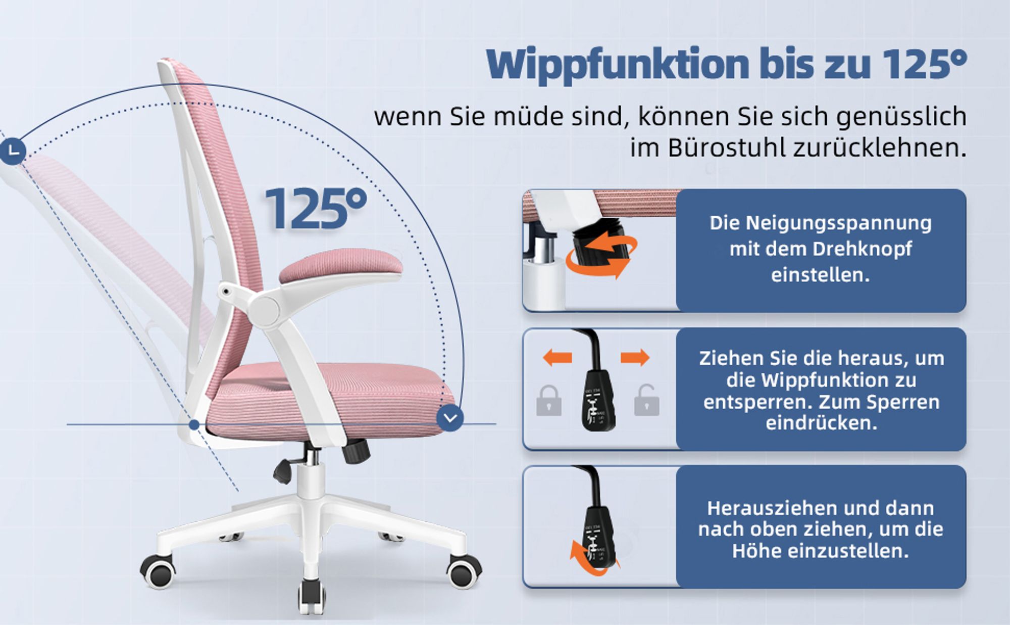 Marodic Bürostuhl Schreibtischstuhl 150kg Bürostuhl Ergonomisch mit 90° klappbaren Armlehnen, Wippfunktion 90°-125° Chefsessel Lordosenstütze, Rosa