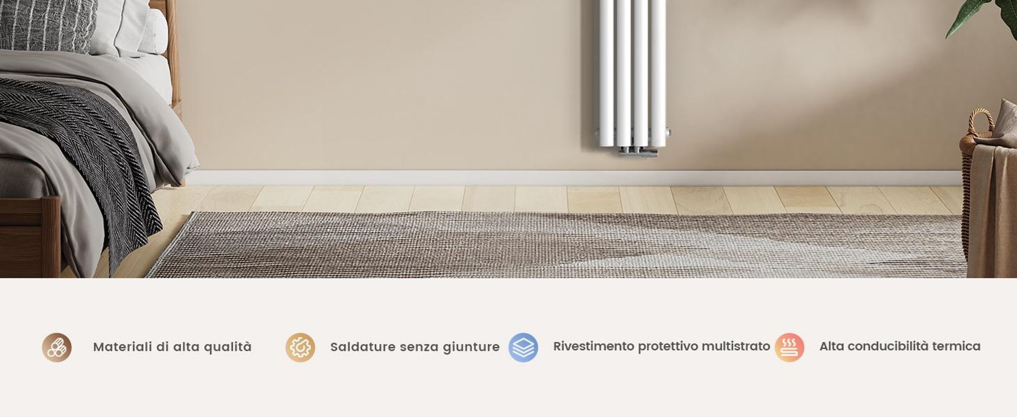 Radiatore tubolare di design EMKE per il funzionamento ad acqua calda con attacco centrale verticale ovale monostrato 427 watt 24cm x 160cm bianco senza elemento riscaldante