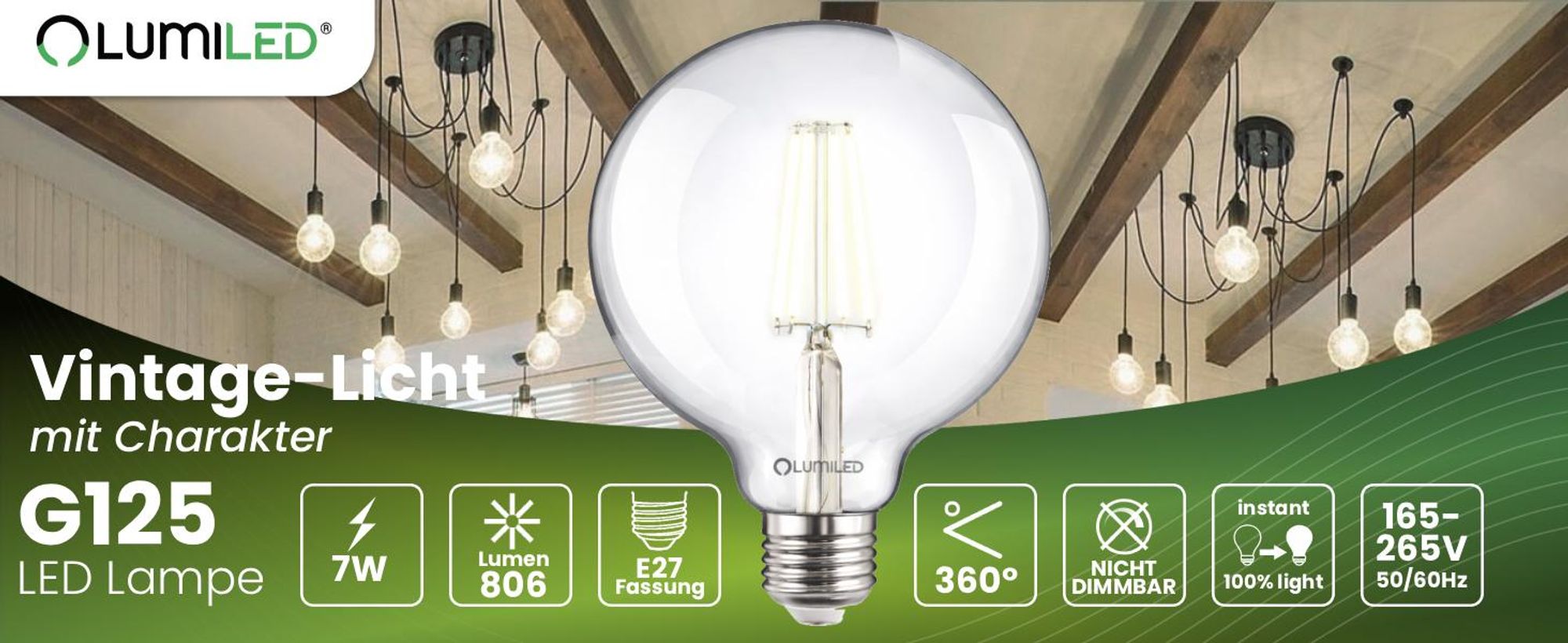 LUMILED G125 E27 LED Vintage Lampe 7W (Entspricht 60W) 806 Lm transparentes Glas Leuchtmittel kugelförmig 4000K Neutralweiß Licht Kugel Retro Birne 360° Glühbirnen Filament