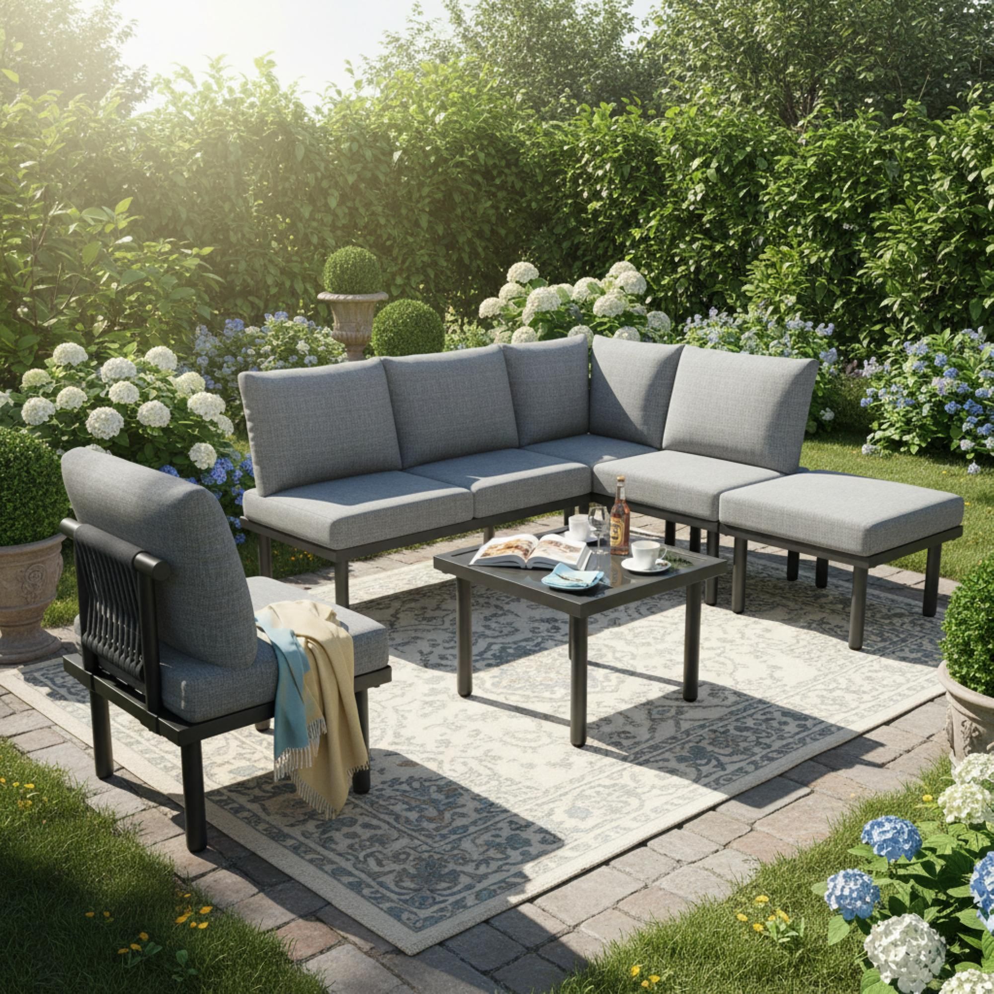 Flieks Gartenlounge Set 6 Sitzer, Gartenmöbelsets mit Eisenrahmen, Gartentisch mit Gartensofa für 6 Personen, Terassenmöbel Balkonmöbel Set, Grau