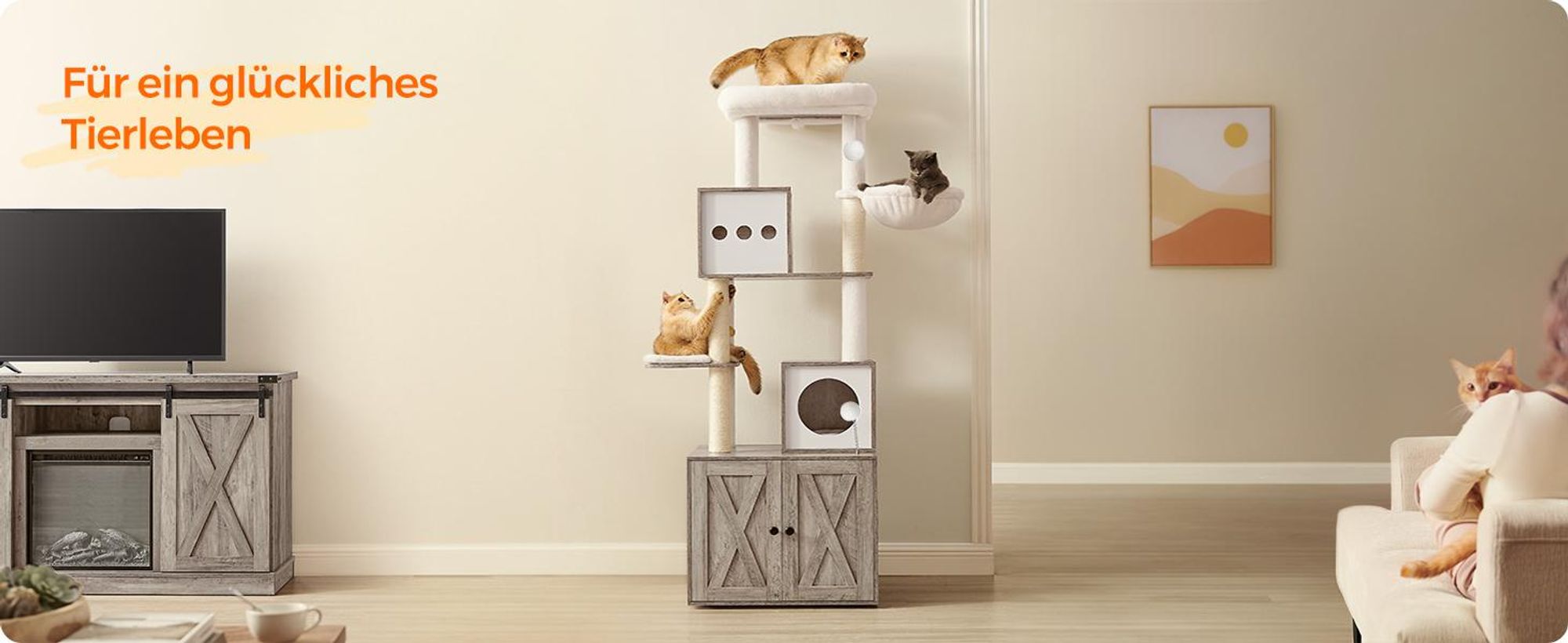 Feandrea Kratzbaum, mit Katzenklo-Schrank, 185cm, Kratzsäule, waschbares Kissen, Greige