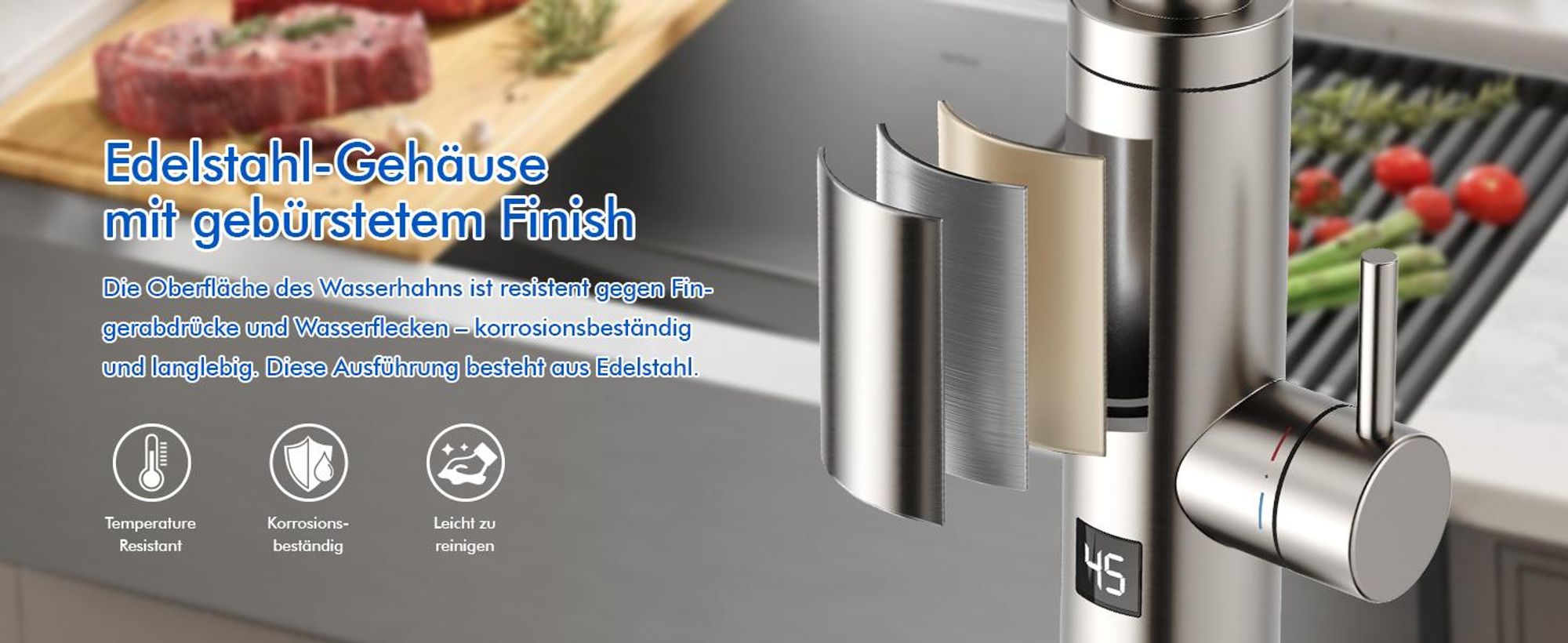 Homelody Elektrischer Wasserhahn mit Durchlauferhitzer, 230V 3300W Elektrischer Küchenarmatur mit LED Temperaturanzeige 360° Drehung SUS304 Edelstahl