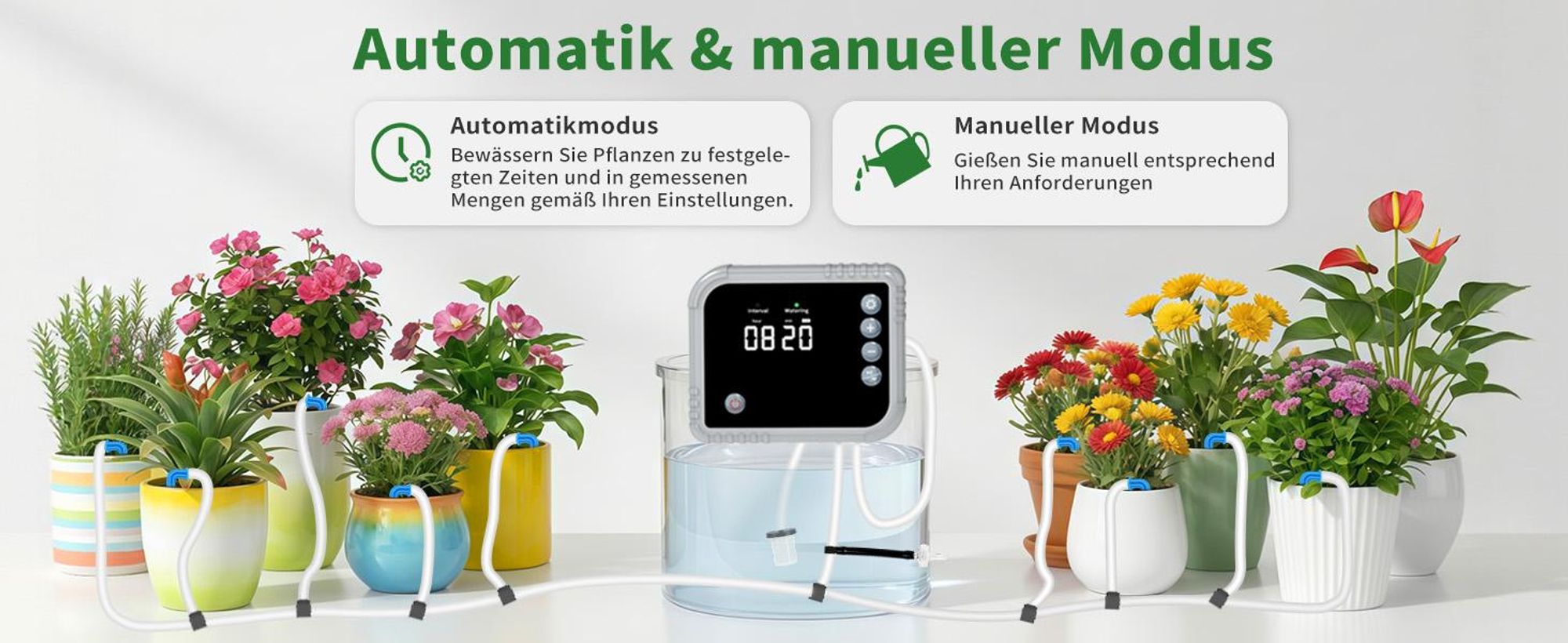 Bewässerungssystem Automatische bewässerung für Indoor, mit LCD-Display für bis zu 15 Topfpflanzen,Tropfbewässerungsset mit 350,Type-C aufladbar
