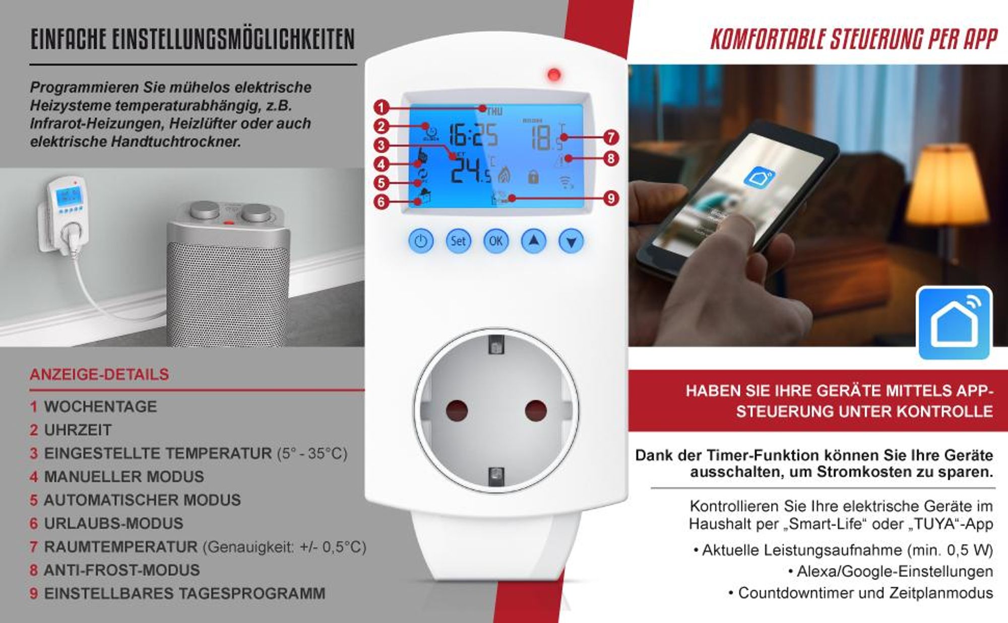 BEARWARE WLAN Thermostat Steckdose - Steckdosenthermostat - WiFi Smart Life, TUYA - für Heizgeräte - mit Share-Funktion - 5°-35°C - kompatibel mit Amazon Alexa, Google Home