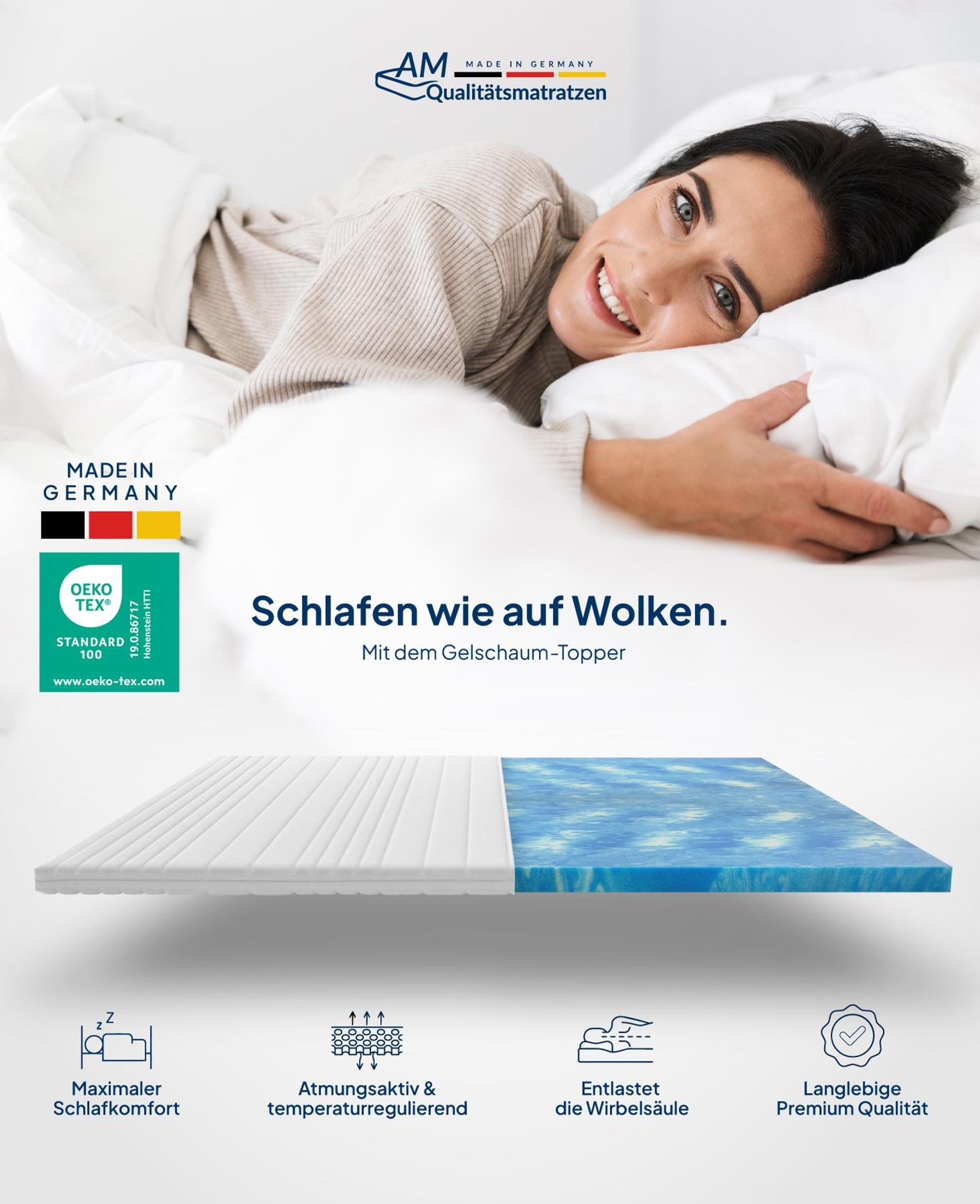 AM Qualitätsmatratzen | Basic Gelschaum-Topper | 160x200 cm | 6 cm Höhe | Matratzentopper | 160/200 | Gel Topper