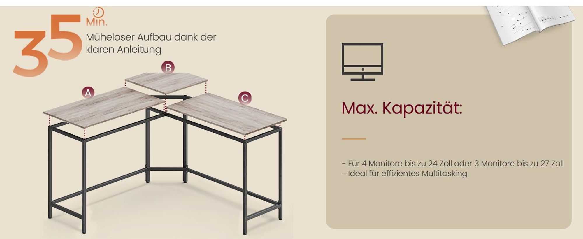 VASAGLE Eckschreibtisch, L-förmiger Computertisch, 140 x 140 cm, für Büro, einfacher Aufbau, greige-schwarz