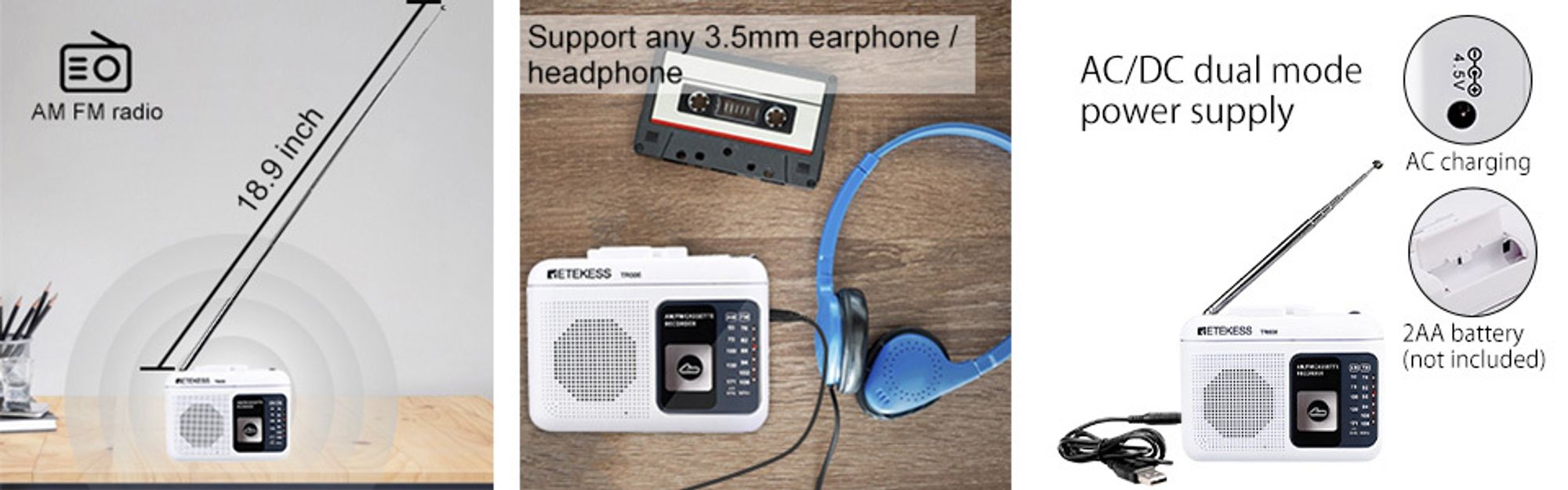 Retekess TR606 Tragbarer Kassettenrekorder, FM/AM Radio,Schneller Vor-/Rücklauf, Tape Recorder, Geschenk für ältere Menschen (Weiß)