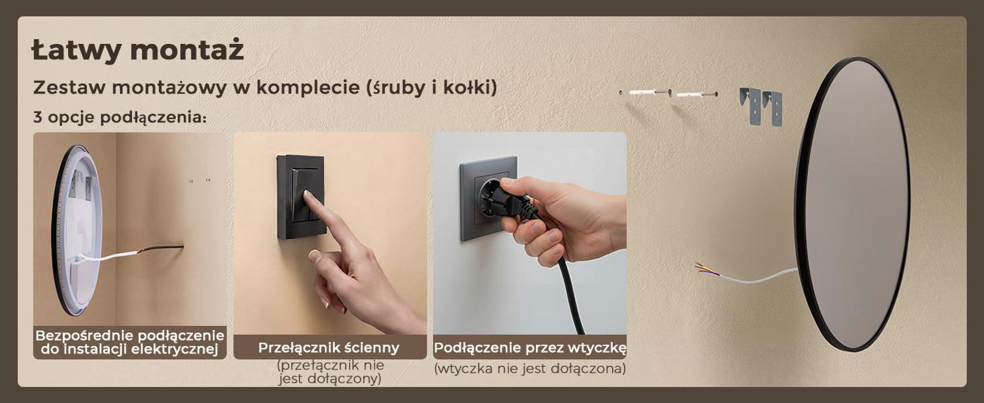 S'AFIELINA Lustro Łazienkowe LED 80 cm, Okrągłe, Czarna Rama, 3 Barwy Światła, Regulacja Jasności, Antypara, Zegar, Wyświetlacz Temperatury